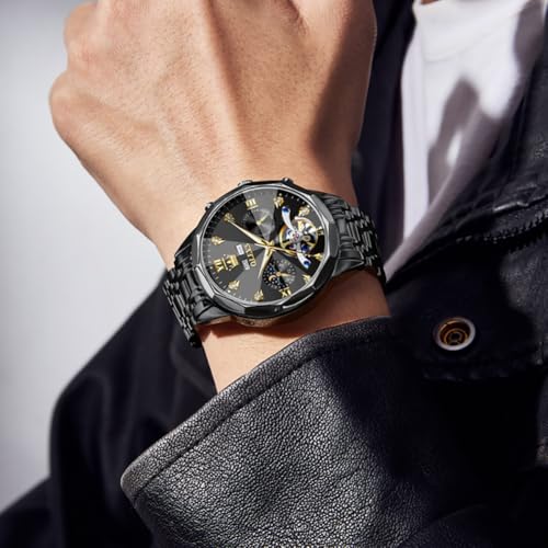 Image of OLEVS Automatic Men Watch Self Winding Mechanical Moon Phase Business Luxury Diamond Dress Stainless Steel Waterproof Luminous Mens Wrist Watch