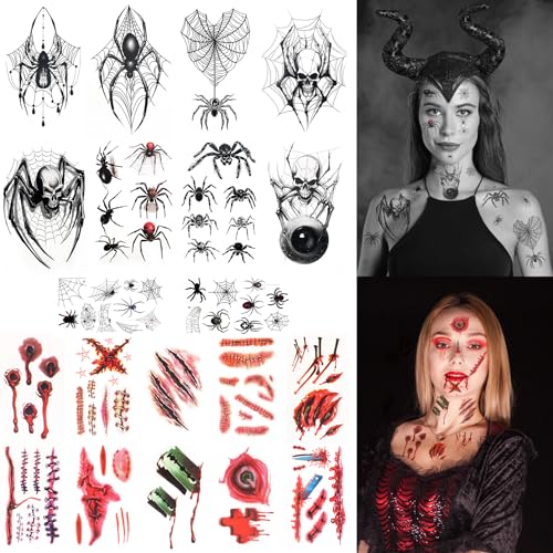 GUYUWE 20 folhas tatuagens temporárias Halloween, zombie vampiro Cicatrizes aranha tatuagem realista horror feridas tatuagens de maquilhagem para mulheres homens meninos festa de Halloween Prop e
