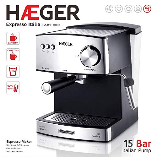 HAEGER Expresso ITÁLIA - Cafetera Espresso con Bomba Italiana de 15 Bar, con 850W de Potencia, Capacidad de 1,6L - Caldera de aleación en INOX Moldeado, Ajuste Variable de Vapor. - Imagen 4