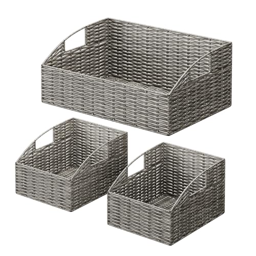 Ollieroo Rattan Storage Baskets, Handwoven Wicker Storage Bins with Built-in