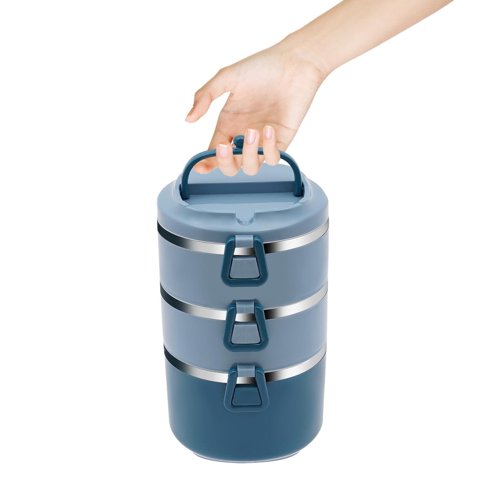 Boîte à déjeuner à 3 étages empilable Bento - 2400 ml - En acier inoxydable - Grande boîte à bento pour la maison, le travail, le bureau et l'école - Bleu