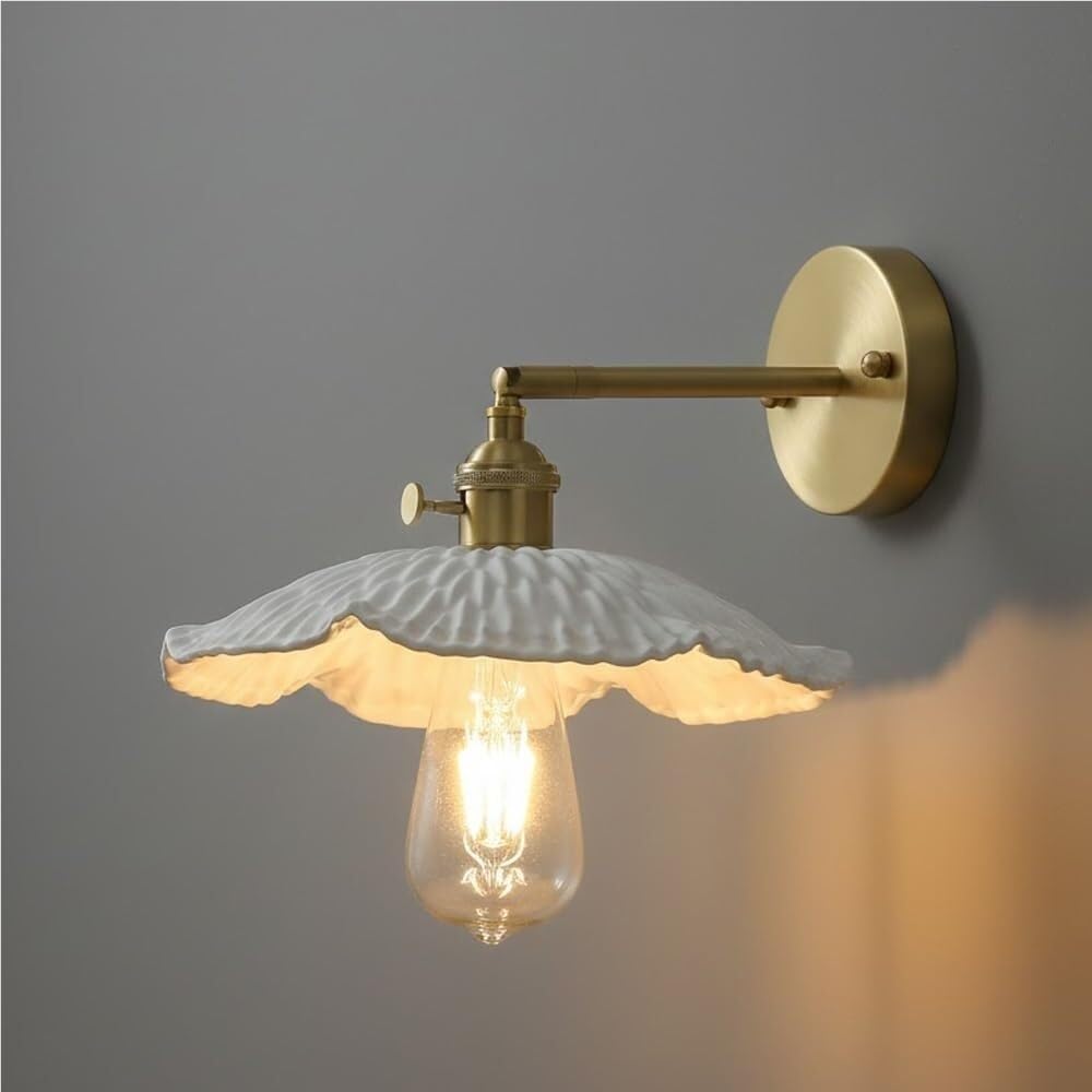 LYOUAE Vintage Adjustable Ceramic Wall Sconce Farmhouse Brass Swing Arm Wall Lamp Hardwired Decorative Wall Mounted Lamp for Bedroom Living Room Hallway