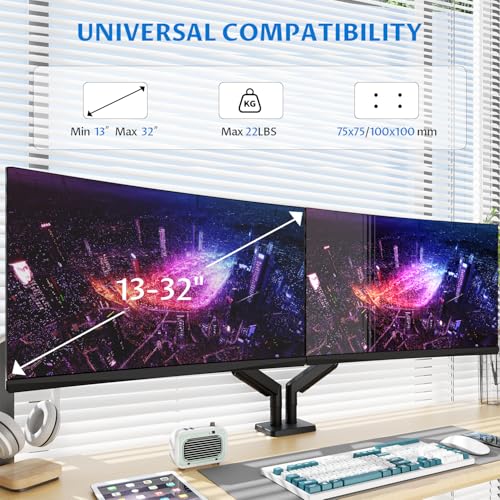 Image of Monitor Arm Mount, Gas Spring Desktop Stand, 13-32 Inch Screen Support, 8kg Capacity Vesa 100x100mm (Dual Monitor)