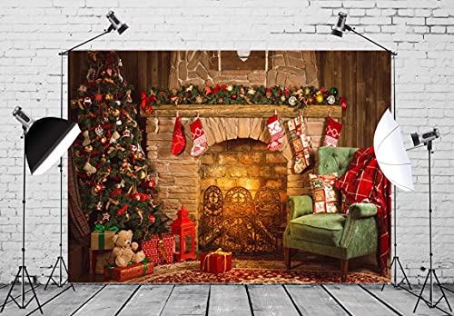 Toile de fond Noël 2.7x1.8m décor cheminée et canapé en tissu pour photo