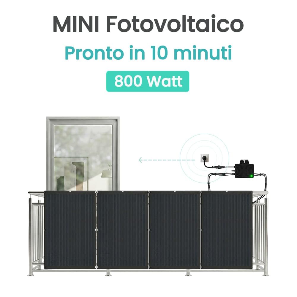 Kit Fotovoltaico Balcone Mini Fotovoltaico 800W - Pannelli Flessibili Ultra Leggeri [200W x 4] e Inverter AE800S con Monitoraggio WiFi App - Installazione Facile, Pannelli 4kg (800, Wattora)