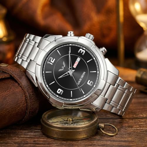 Image of LOUIS DEVIN Stainless Steel Chain Analog Wrist Watch for Men with Day and Date Display (Black /Blue /Green Dial) | LD-GR430-CH