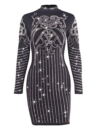 VWIWV Women Retro Luxurious Long Sleeve Mini Dress Sequin Bodycon Party Mini Dress with Zipper