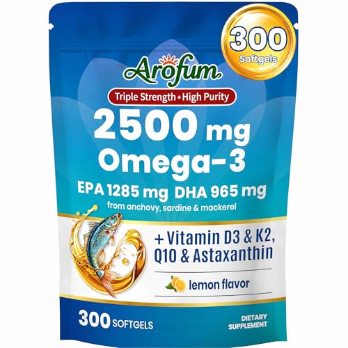 Omega 3 Fish Oil with Vitamin D3 K2 – 300 Lemon Flavored Burpless Softgels | High EPA & DHA rTG Formula with CoQ10 & Astaxanthin | Gluten-Free, Non-GMO