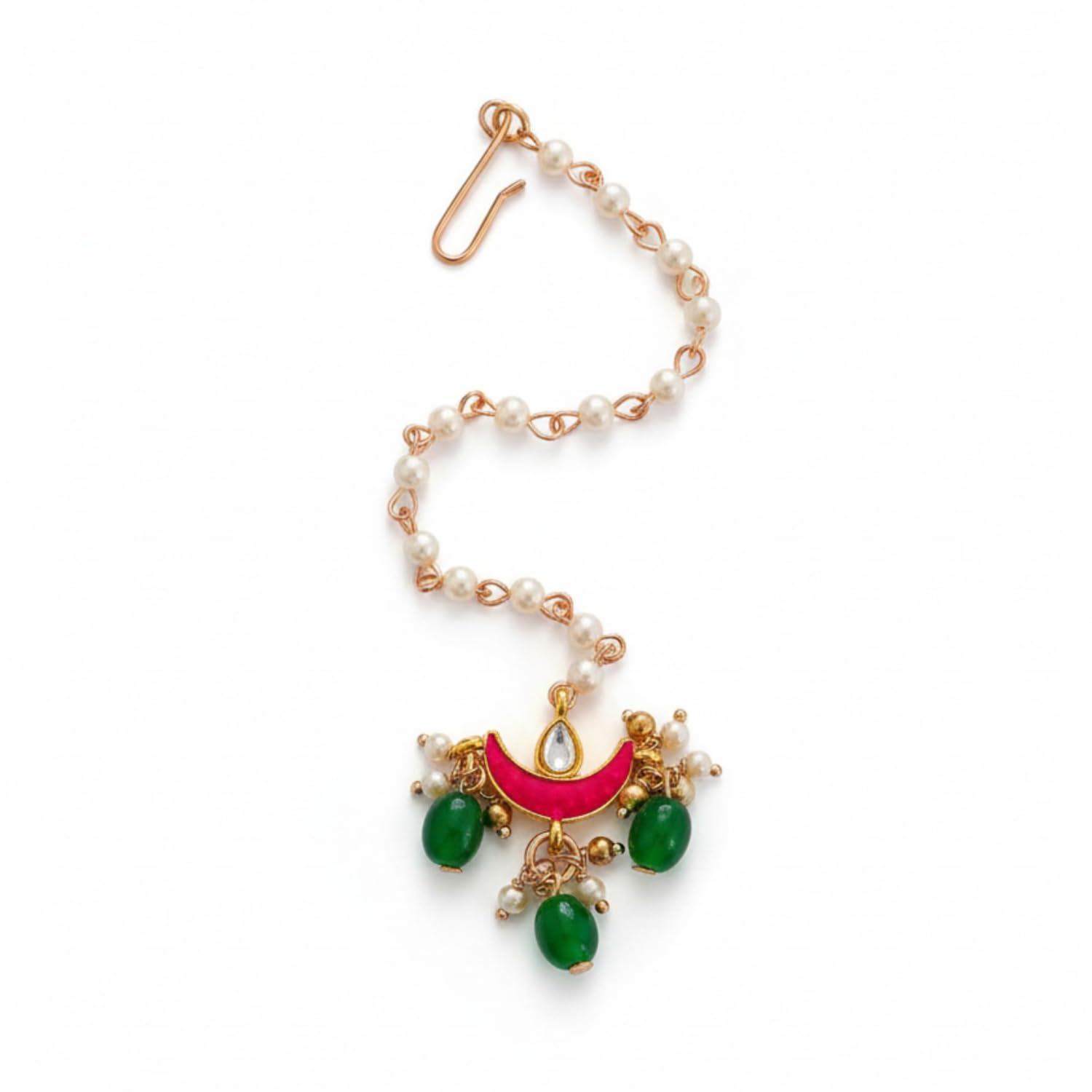 sanjoya Kundan Maang Tikka for Women | Moon-Inspired Pearl & Green Drop Bridal Headpiece | Ethnic Jewelry for Weddings & Festive Occasions-picture-11