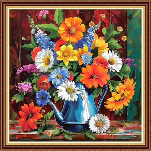 Image of Fanxvivy Stamped Counted Cross Stitch Kits for Adults Printed Cross-Stitch Patterns 11CT Stamped or Counted Cross Stitching Embroidery Kit Needlepoint Kits-Colorful Flowers 18x18 inch