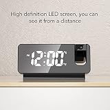 Budzik z projekcją LED do Sypialni, Cyfrowy Zegar z Obracanym o 180° Projektorem, Wyświetlanie Czasu, Daty, Temperatury, Projekcja na ścianie Sufitowej, Port ładowarki USB (Czarny)