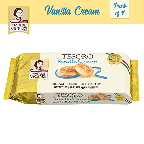 Matilde Vicenzi, Tesoro Vanilla Cream, Cream Filled Puff Pastry Patisserie (125g Box, 4-pack) All Natural, Dairy, Kosher, Made in Italy