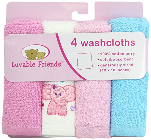 Image of Luvable Friends Unisex Baby Super Soft Cotton Washcloths, Pink Elephant, One Size