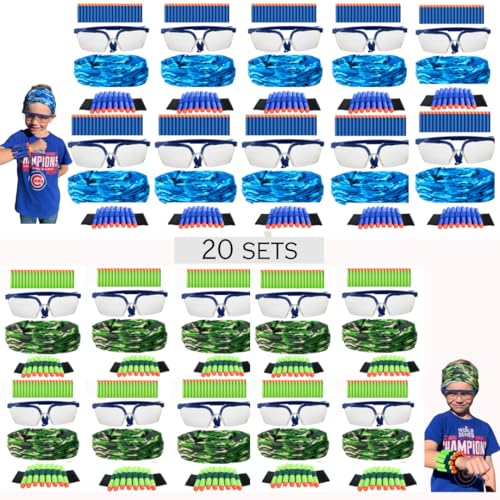 wishery Accesorios para suministros de fiesta Nerf, 20 juegos. Recuerdos de cumpleaños para niños, paquete a granel con dardos, gafas, máscaras y pulseras para fiestas de cumpleaños de niños y equipos