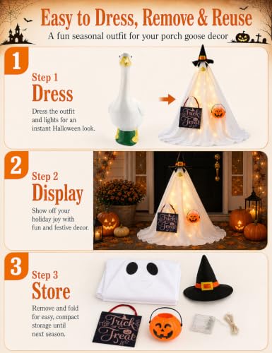 Lighted Ghost Porch Goose Halloween Outfit for 23’’ Goose, Halloween Decor | 7 Piece Halloween Porch Goose Outfit, String Lights, Bendable Inner outfit, Witch Hat, Pumpkin Bucket, Trick or Treat Sign - image 8