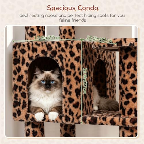 Image of Globlazer Large Perch Leopard Cat Tree, 65in Sturdy Cat Scratching Tree for Indoor Cats Large Adult, Big Cat Tower with 3 Padded Perches, 6 Scratching Posts, Cat Condo, Hammock, S65, Leopard Print