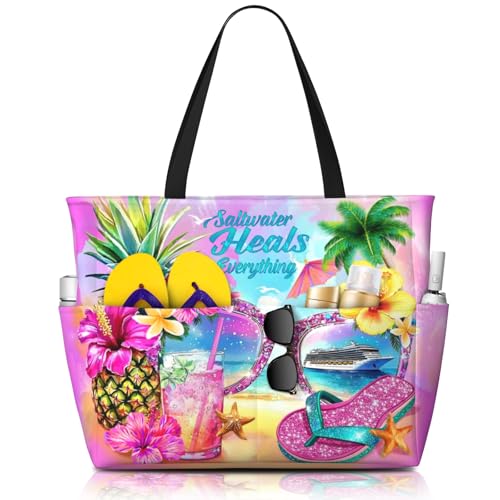 TREKTOTS Tropical Beach Bag - Vibrant Hawaiian Print with Flip Flops, Pineapple & Palm Trees, Large Waterproof Tote for Vacation, Pool Party & Cruise (Holds 2 Towels, Sunglasses & Cocktails!)