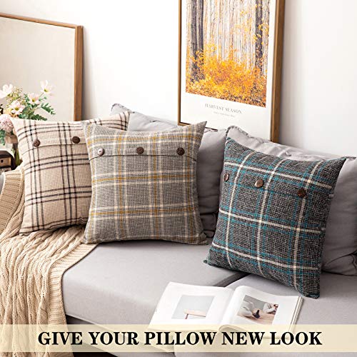 Miulee Set Of 2 Decorative Linen Throw Pillow Covers Triple Button Pillowcases Farmhouse Retro Plaid Cushion Cases For Fall Autumn Couch Sofa Bed, 18X18 Inch, Light Grey #TOP1
