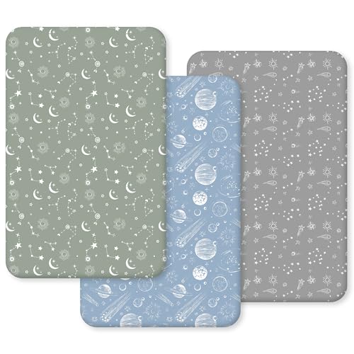 Unnivoll Sábana bajera ajustable de 55 x 90 cm para cuna, pack de 3 sábanas bajeras para cuna auxiliar, microfibra suave y transpirable, sábanas bajeras ajustables grises y verdes constel