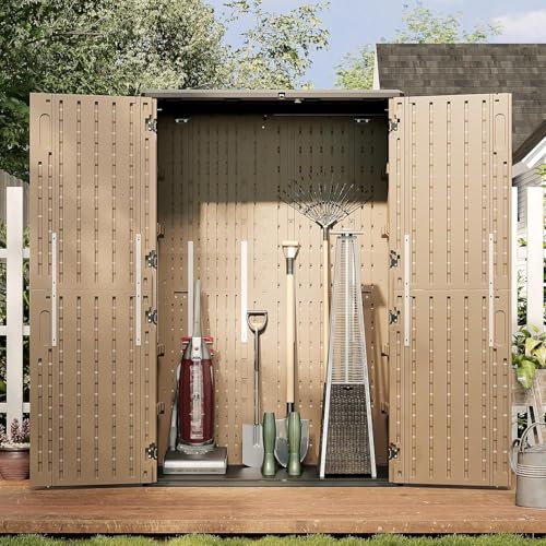 Image of Aoxun Outdoor Storage Shed, 64 Cu.Ft Vertical Storage Sheds Outdoor with Floor, Outdoor Waterproof Storage Cabinet for Garage Storage, Pool Storage (Brown)