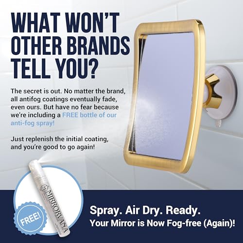 Image of MIRRORVANA Fogless Shower Mirror for Shaving with Improved Suction and 360 Swivel - Unbreakable Fog Free Mirror for Men and Women - 6.3 inch x 6.3 inch (Gold)