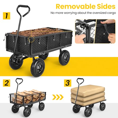 Homdox Steel Garden Cart 880 lbs Capacity Heavy Duty Garden Wagons,with Removable Steel Mesh Sides to Convert into Flatbed,Utility Metal Wagon w/ 180°Rotating Handle and 2 Tags Recyclable