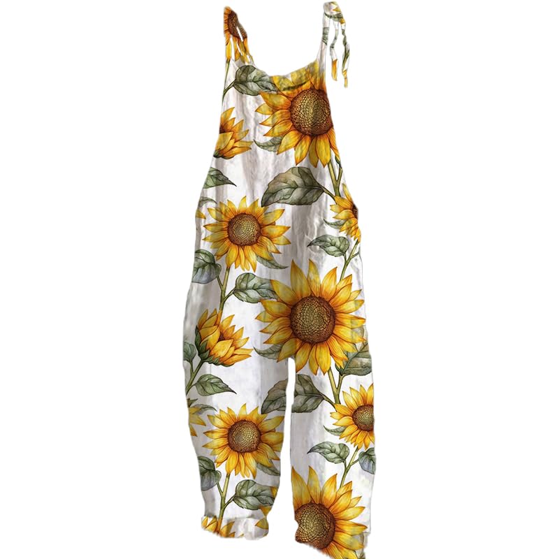 Biacolum Sunflower Jumpsuits for Women Comfy Rompers Sleeveless Strappy Wide Leg Loose Vintage Overall Jumpsuits