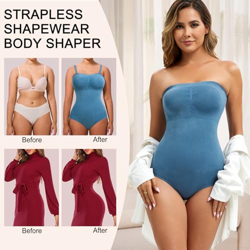 Image of Strapless Shapewear for Women,Tummy Control Bodysuit With Built In Bra,Seamless Body Shaper Tube Top Body Suit
