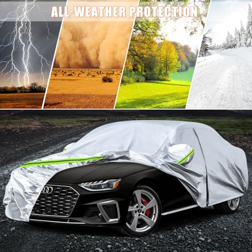Image of Waterproof Car Covers Replace for 2008-2025 Audi A4 /S4 Sedan, 6 Layers Silver All Weather Custom-fit Car Cover with Zipper Door & Windproof Bands for Snow Rain Dust Hail Protection
