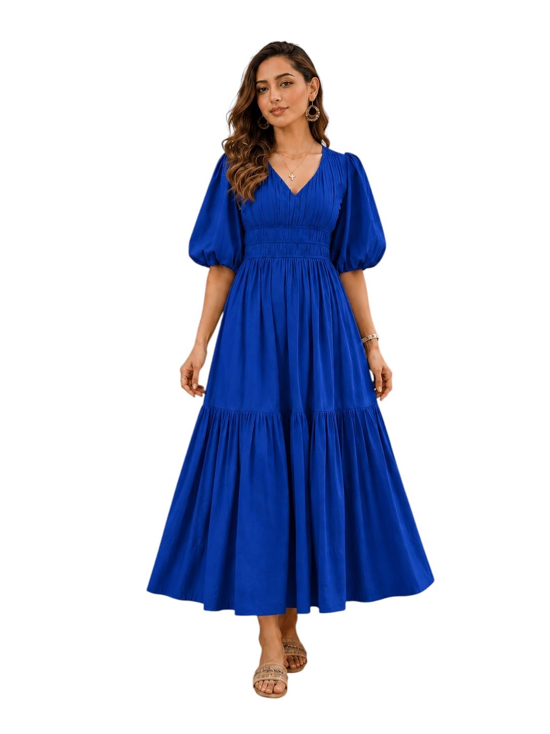 CRAMPLE® Women's Maxi Dress, V-Neck with Puff Sleeves, Smocked Waist, Tiered Flowy Skirt-picture-15