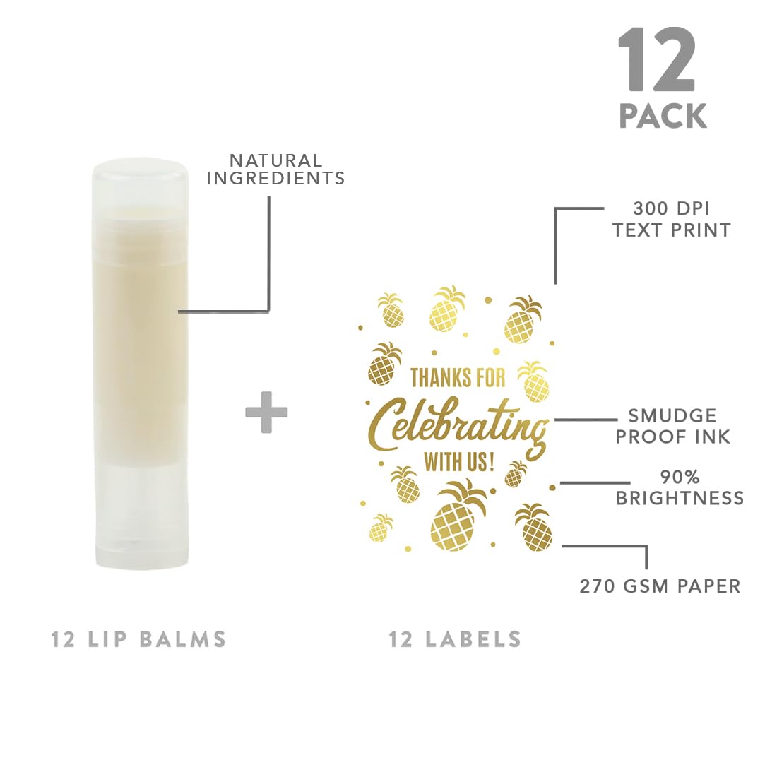 Andaz Press Lip Balm Birthday Party Favors, Thank You For Celebrating With Us, Gold Glitter Pineapple, 12-Pack, Pineapple Themed Party Decor Gifts for Guests