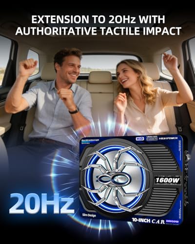 Image of 1600W Slim Underseat Car Subwoofer and Amp Package with LED Switch, Powered Subwoofer Car Audio with Built-in Amp, Low Pass /Gain /Bass Boost Control, Deep Distortion-Free Bass for Truck SUV