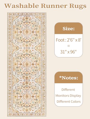 SERISSA Boho Washable Runner Rug, 2'6"x8' Rug Runner Non-Slip Vintage Light Yellow Hallway Kitchen Runner Rug Ultra Soft Print Distressed Floor Carpet Runner for Bedroom Bathroom Laundry Room