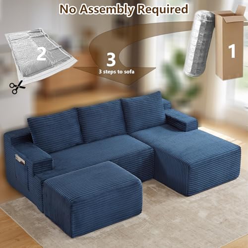 Image of 96 inch U-Shape Cloud Couch, Modern Modular Sectional L-Shape Sofa with Ottoman, Corduroy Upholstered Couches Deep Seat Sleeper Chaise Longue for Living Room, No Assembly Required(Blue, Right Facing)