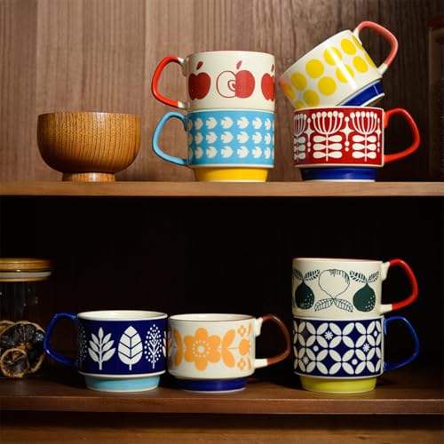 Image of Spooky Japanese Retro Ceramic Coffee Mug - 300ml Printed Stackable Cup with Handle - Creative Ins-Style Ear-Hanging Design for Milk, Tea & Espresso - Ideal Gift for Couples, Home or Cafe (Full Red)