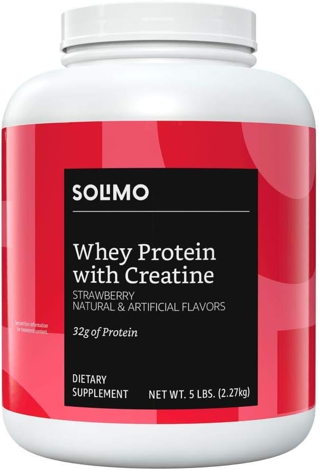 Amazon Brand - Solimo Whey Protein Powder with Creatine, Strawberry, Value Size (44 Servings), 5 Pound (Pack of 1)