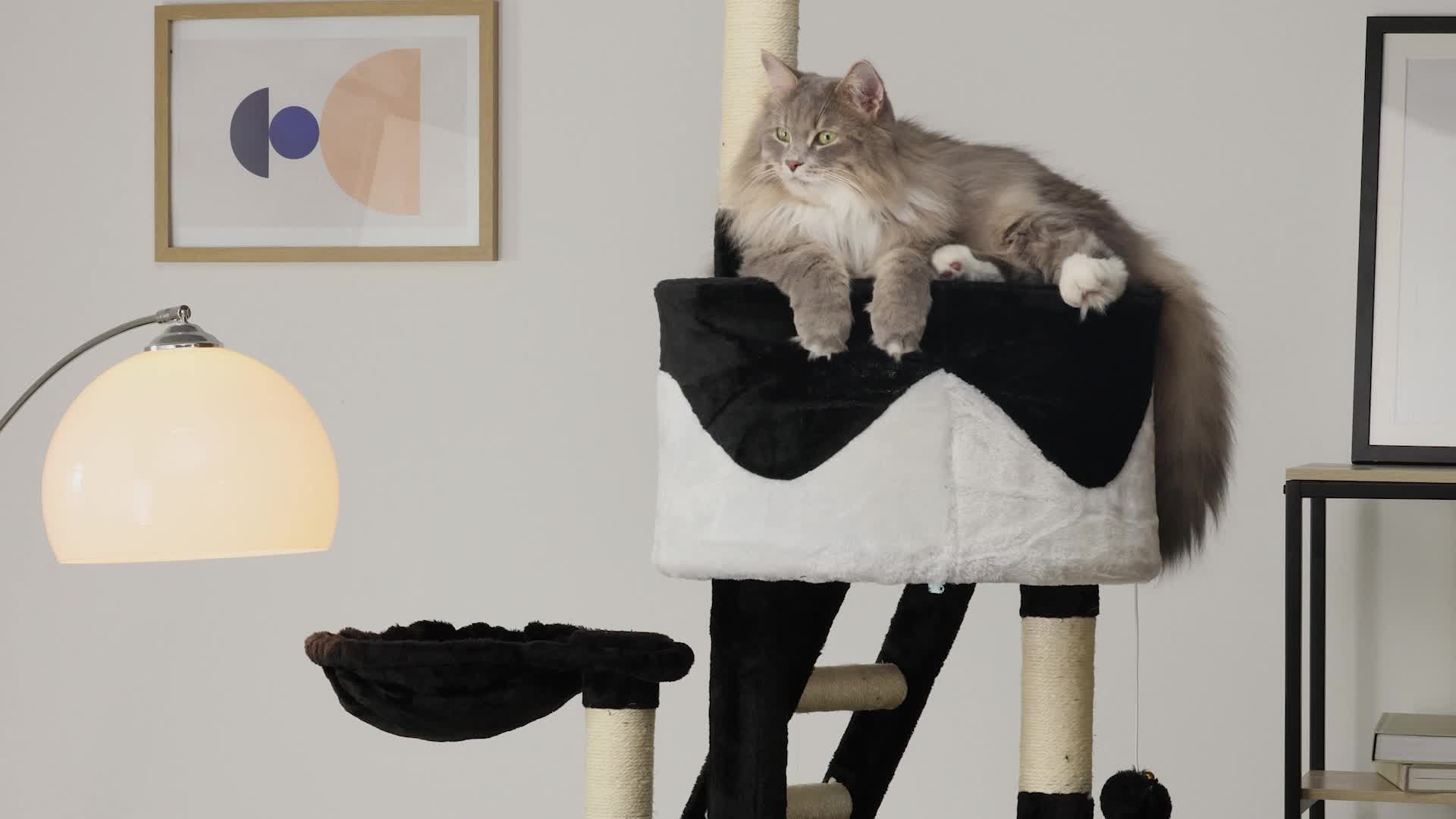 lionto XXL krabpaal voor katten met sisal & pluche, hoogte 230-250 cm, kattenboom met pluchen ballen incl. belletjes & hangmatten, tunnels & grotten, geschikt voor kleine & grote katten, lichtgrijs