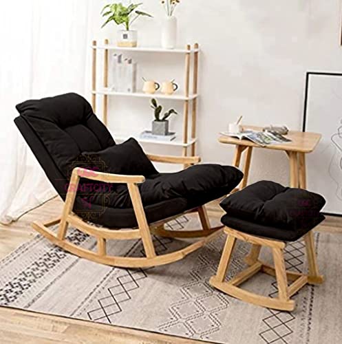 Image of CRAFTCITY Sheesham Wood Elegant Chair with Pillow and Matching Foot Stool /Living Room Chair /Rose Wood Rocking Chair,Pre-Assembled (Black, Rocking Chair with Ottoman)