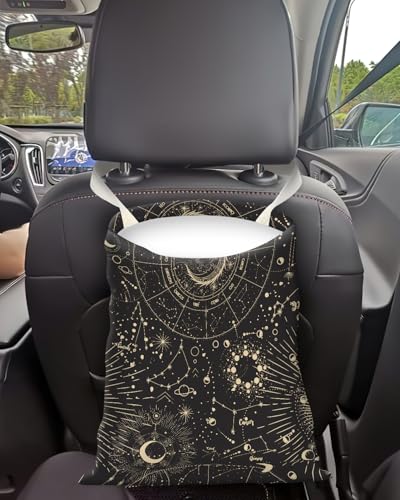 Image of Car Trash Can, Seat Back Hanging Car Trash Bag, Cute Canvas Car Garbage Bag, Essential Car Trash Bin Car Organizers Sun and Moon