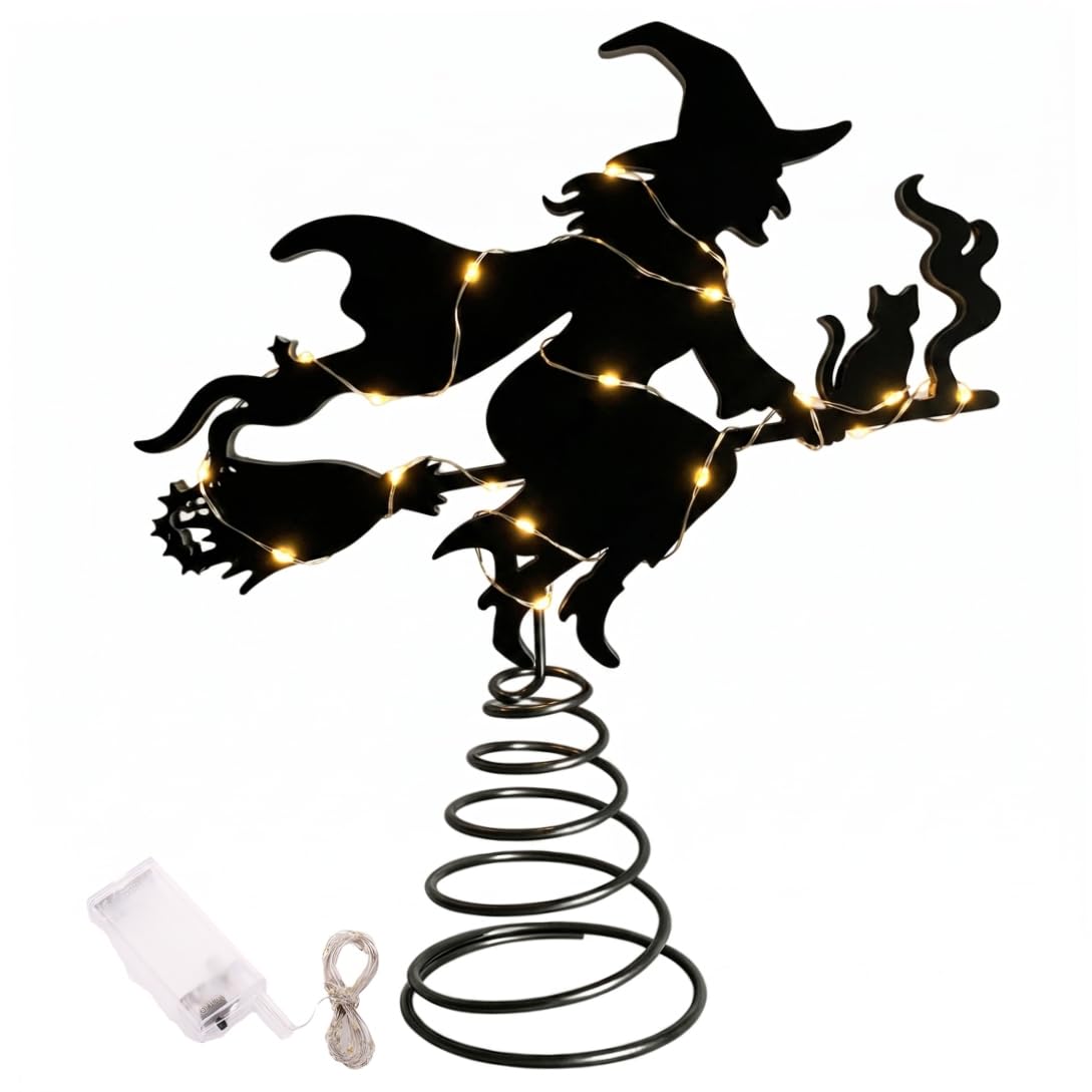 Halloween Tree Topper, Witch Silhouette With Led Lights & Spring Base – Halloween Tree Decorations, Black