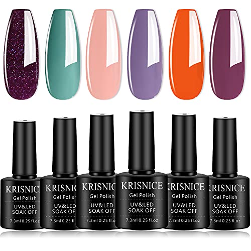 KRISNICE Magnetic Cat Eye Gel Nail Polish Set 6 Color Autumn And Winter Starry Sky Gold Sauce Purple Grey Brown Soak Off UV Gel Nail Polish Kit 7.3ml with 1PC Magnet Stick (KCS6-012)