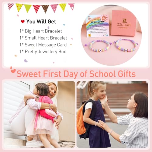 Image of First Day of School Mommy and Me Matching Bracelet Set kindergarden Pre-K Back to School Gifts Adjustable Heart Clay Bead Jewelry for Mother Daughter Dad Son