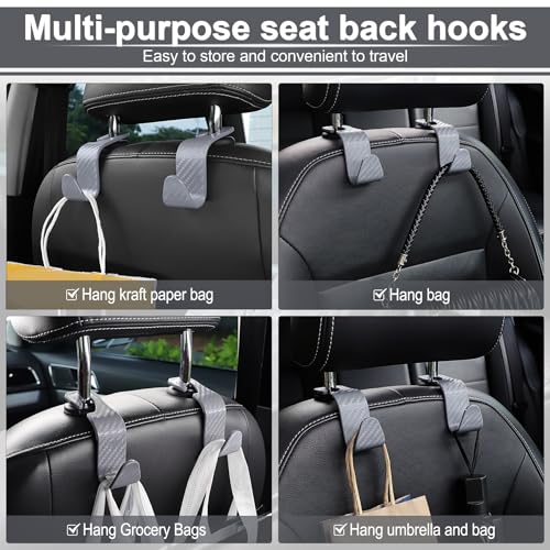 Image of LivTee Car Purse Hook, 4 Pack Universal Auto Seat Headrest Hook Hangers Organizer for Coats, Umbrellas, Groceries - Carbon Fiber Gray