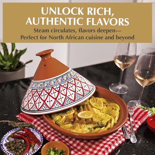 Kamsah Tagine Pot for Cooking and Flavor Enrichment - Large Clay Pot 12”, 5.5 QT - Non-Stick Handmade Cookware - Moroccan Ceramic Pots for Cooking with Lid & Serving Bowl - Bohemian Supreme Red