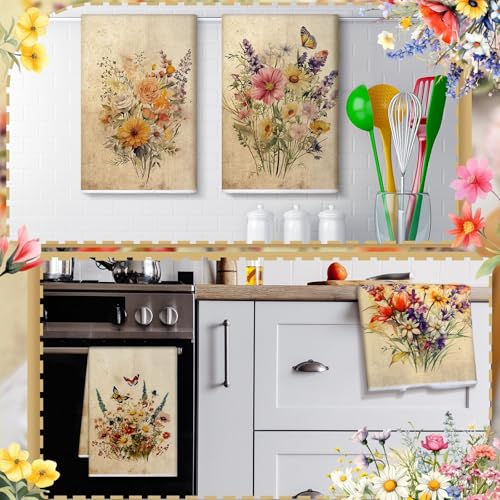 Image of Bencailor 6 Pcs Wildflowers Kitchen Towels Decorative Sets Dish Towels Absorbent Fast Drying Hand Tea Vintage Hanging Reusable Cleaning Dishcloths for Cooking Farmhouse Bathroom Accessory