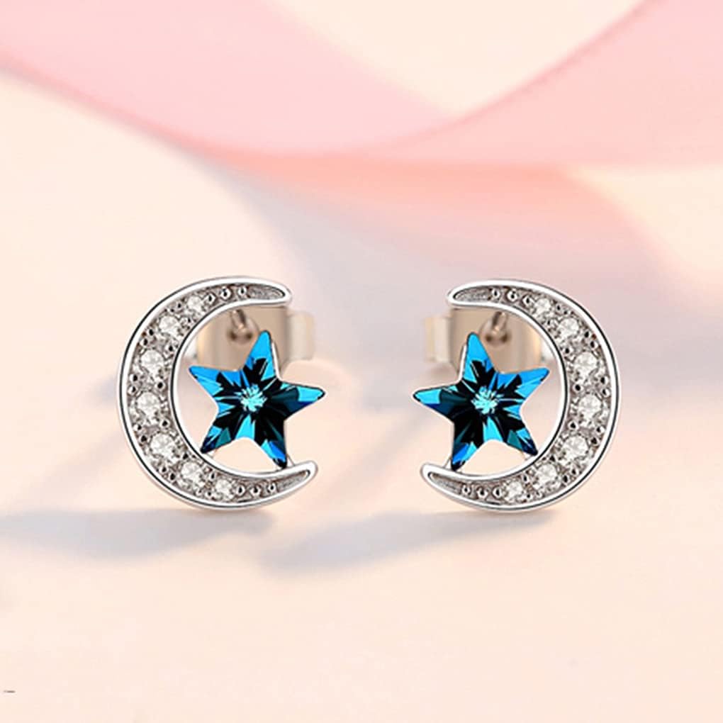 SLUYNZ 925 Sterling Silver Star Moon Earrings Studs for Women Moon Studs Earrings Blue Crystal Cubic Zirconia Earrings - Image 4