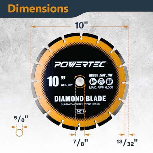 Image of POWERTEC 10 inch Laser-Welded Segmented Diamond Saw Blade for Wet Tile Saw, Diamond Blade for Cutting Cured Concrete, Block, Brick, Pavers, Masonry, 10 inch Diamond Blades for Wet /Dry Cutting, 1PK (14012)