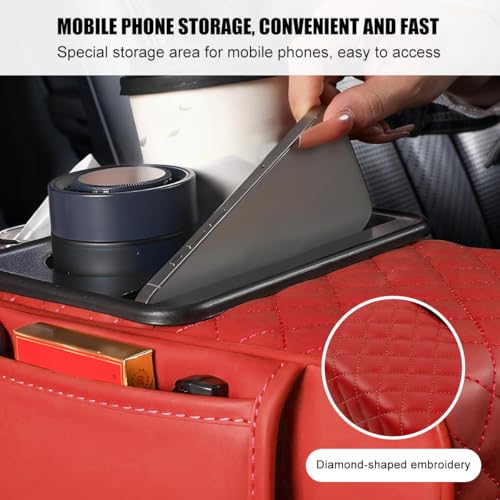 Image of Car Armrest Cushion, 5-in-1 Nappa Leather Vehicle Centre Console Cover with 2 Storage Pockets, Cup Phone & Phone Holder, Multifunctional Auto Organiser Accessories, Universal Fit (Wine Red)
