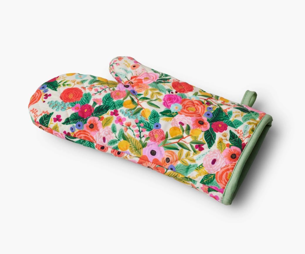 RIFLE PAPER CO. Garden Party Oven Mitt and Potholder Set - Hand-Painted Floral Design, 100% Cotton Shell, Polycotton Lining, Heat-Resistant to 450°F, Diamond Quilted, Machine Washable, Hanging Loop