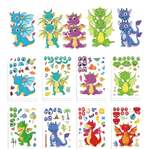 RUISPEED 24 feuilles d'autocollants dragon à faire soi-même – Autocollants Make-a-Face pour enfants à partir de 3 ans, idéal pour décoration d'anniversaire, kit DIY & cadeaux de fête dragon